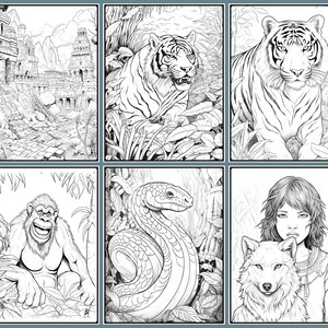 Puede incluir: P&aacute;ginas para colorear en blanco y negro que representan una escena de la jungla, un tigre, una serpiente, un gorila y un lobo con una ni&ntilde;a.