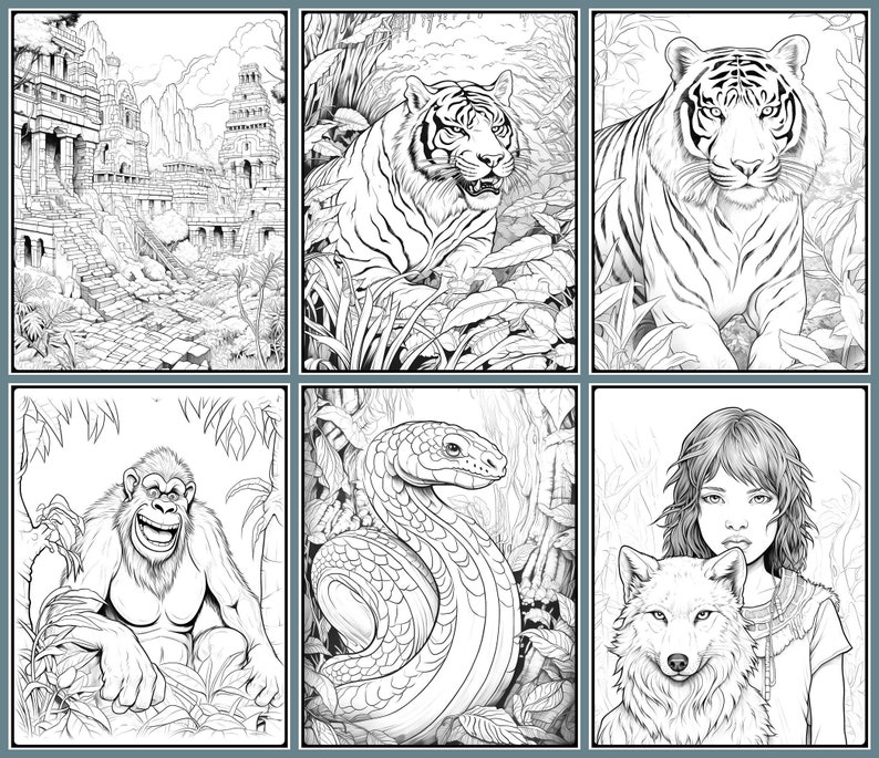 Puede incluir: P&aacute;ginas para colorear en blanco y negro que representan una escena de la jungla, un tigre, una serpiente, un gorila y un lobo con una ni&ntilde;a.