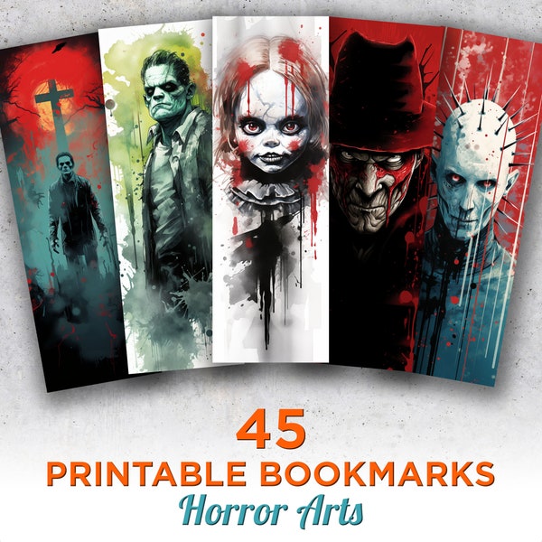 45 Horror Printable Bookmarks, Horror Digital Bookmark Sheets, Horror Scary PNG bookmark sublimation, Horror Print and Cut Bookmark Set