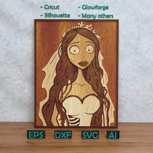 May include: Wooden wall art featuring a stylized illustration of a bride with large eyes and long brown hair. The artwork is made of layered wood in shades of brown and beige, with a dark brown frame. The image includes the text "EPS, DXF, SVG, AI".