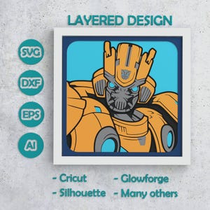 May include: A layered design featuring a yellow and gray robot character in a white frame. The design includes the text "LAYERED DESIGN" and icons for SVG, DXF, EPS, and AI file formats. Additional text mentions compatibility with Cricut, Glowforge, and Silhouette machines.