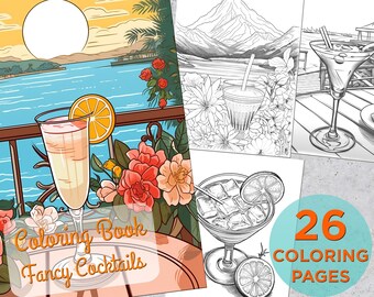 May include: A colouring book featuring 26 pages of illustrations of fancy cocktails. The cover shows a glass of champagne with a lemon slice, flowers, and a view of a lake and mountains in the background. The title of the book is "Colouring Book Fancy Cocktails".