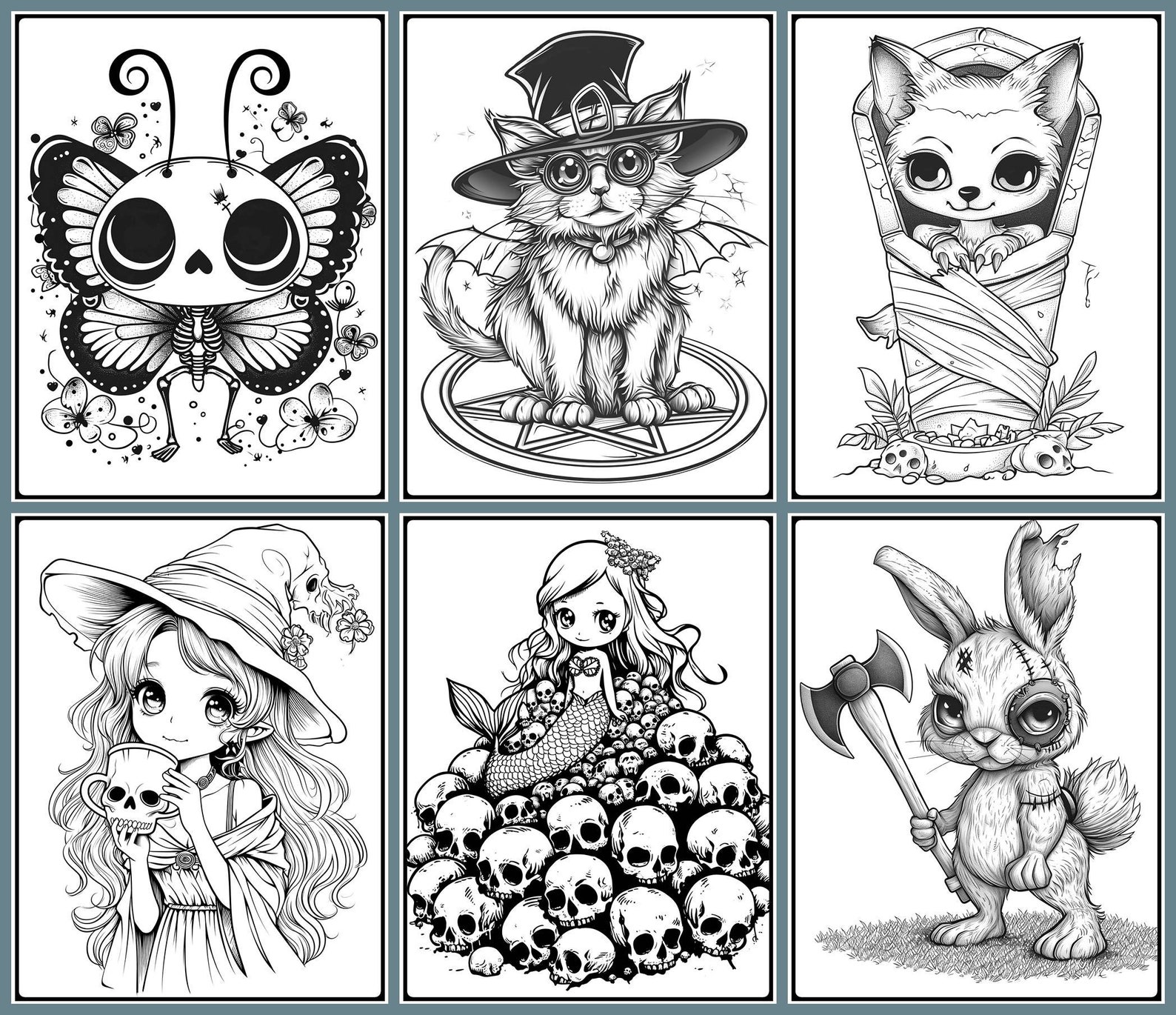 50 Creepy and Kawaii Coloring Pages, Adults Horror Printable Grayscale ...