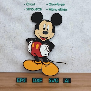 May include: A wooden cutout of Mickey Mouse, featuring black, red, yellow, and white colors. The character is smiling with his arms at his sides. The image includes the text "- Cricut - Silhouette - Glowforge - Many others" and file type abbreviations.