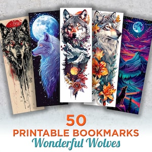 Könnte beinhalten: Fünf bedruckbare Lesezeichen mit detaillierten Wolfsillustrationen. Jedes Lesezeichen zeigt ein einzigartiges Wolfsdesign mit leuchtenden Farben, darunter ein Wolf, der den Mond anheult, und florale Akzente. Der Text "50 Printable Bookmarks Wonderful Wolves" wird angezeigt.