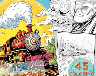 Puede incluir: Un libro para colorear con 45 páginas de ilustraciones de trenes. La portada muestra una locomotora de vapor roja con ruedas negras y una columna de humo blanco. El texto "Train Coloring Book" está en la portada.