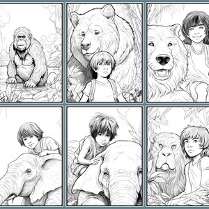 Puede incluir: Ilustraci&oacute;n en blanco y negro de l&iacute;nea de arte de una persona joven con cabello corto interactuando con diferentes animales en un entorno de jungla. Los animales incluyen un gorila, un oso, un elefante y un le&oacute;n.