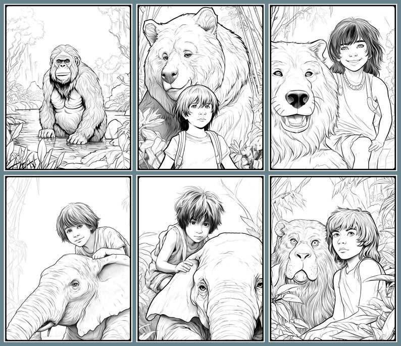 Puede incluir: Ilustraci&oacute;n en blanco y negro de l&iacute;nea de arte de una persona joven con cabello corto interactuando con diferentes animales en un entorno de jungla. Los animales incluyen un gorila, un oso, un elefante y un le&oacute;n.