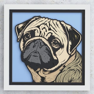 May include: A framed illustration of a pug dog with a light blue background. The pug is drawn in a stylized, almost cartoon-like manner, with a focus on its facial features.
