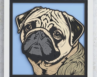 Pug Dog Shadow Box, Pug Dog SVG Layered design for Cricut Silhouette Glowforge, Pug Dog layered SVG Shadowbox, Pug Dog mandala