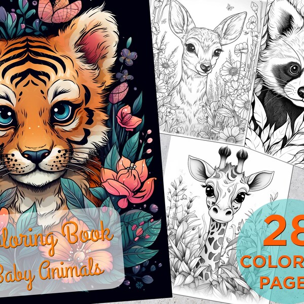 28 Baby Animals Coloring Pages, Adults Printable Coloring Page, Coloring pages for adults, Cute Baby Animals Digital Coloring Book