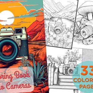 May include: A coloring book featuring 33 retro camera illustrations. The cover shows a vintage camera in a desert landscape with a bright orange sun.