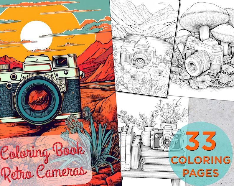 May include: A coloring book featuring 33 retro camera illustrations. The cover shows a vintage camera in a desert landscape with a bright orange sun.