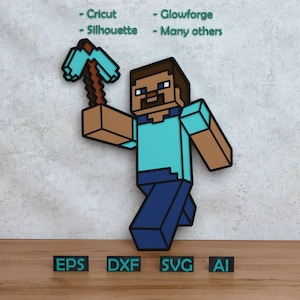 以下が含まれることがあります： ピッケルを持った、走っているポーズのMinecraftをテーマにしたキャラクターフィギュア。フィギュアは主に青、茶色、タン色で、黒いアウトラインがあります。画像には「- Cricut、- Silhouette、- Glowforge、- Many others」というテキストと、ファイルタイプの略語：EPS、DXF、SVG、AIが含まれています。
