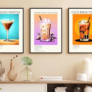 Conjunto de 3 carteles de cócteles de café, artes imprimibles de café filtrado, conjunto de pared de galería de café filtrado, conjunto de decoración de carteles modernos de café