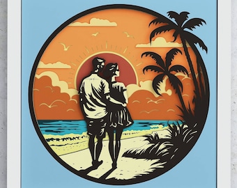 May include: A paper cut-out art piece depicting a couple silhouetted against a sunset on a beach. The scene includes palm trees, a setting sun, and ocean waves.