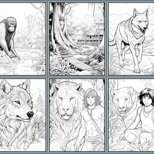 Puede incluir: Una p&aacute;gina de libro para colorear en blanco y negro que presenta una escena de la jungla con un gorila, un lobo, un le&oacute;n, un tigre y un personaje humano. La p&aacute;gina est&aacute; dividida en seis paneles, cada uno con una escena diferente.