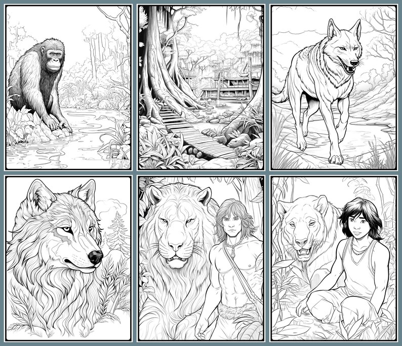 Puede incluir: Una p&aacute;gina de libro para colorear en blanco y negro que presenta una escena de la jungla con un gorila, un lobo, un le&oacute;n, un tigre y un personaje humano. La p&aacute;gina est&aacute; dividida en seis paneles, cada uno con una escena diferente.