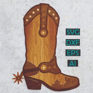 May include: A wooden cowboy boot with a spur, stars, and a brown leather strap. The boot is a cutout design, perfect for crafting projects.