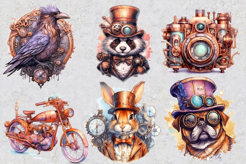 50 Steampunk PNG Sublimation Clip Art, Set of Transparent Watercolor ...