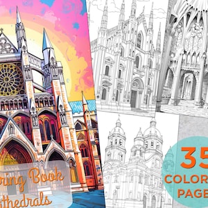 Pode incluir: Um livro para colorir com 35 páginas para colorir de diferentes catedrais. A capa apresenta uma ilustração colorida de uma catedral com uma grande janela de vitral. O texto "Coloring Book Cathedrals" está impresso na capa.
