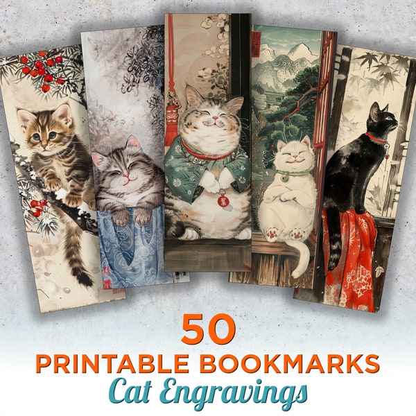 50 Vintage Cat Engraving Printable Bookmarks, Cat Digital Download Bookmark Sheets, Cat PNG bookmark sublimation, Print and Cut Bookmark Set