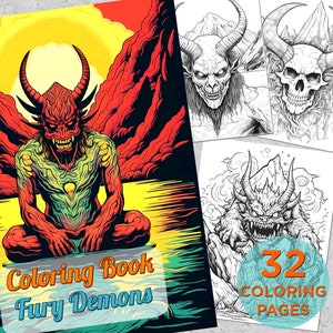 32 Fury Demons Coloring Pages, Fury Demons Adults Printable Grayscale Coloring Book, Fury Demons Halloween Digital Coloring Book Pages