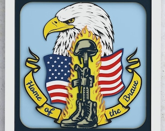 May include: A patriotic image featuring a bald eagle, an American flag, and a soldier's silhouette holding a rifle and wearing a helmet. The image is surrounded by a yellow ribbon with the words "Home of the Brave".
