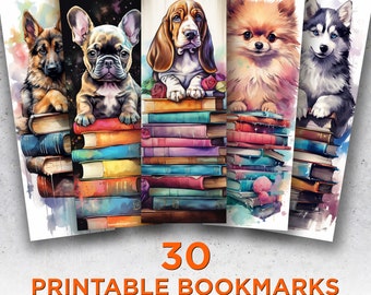 30 Cute Dogs Printable Bookmarks, Dogs Digital Download Bookmark Sheets, Dog Breeds PNG bookmark sublimation, Print and Cut Bookmark Set