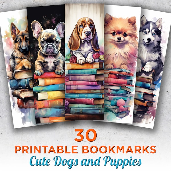 30 Cute Dogs Printable Bookmarks, Dogs Digital Download Bookmark Sheets, Dog Breeds PNG bookmark sublimation, Print and Cut Bookmark Set