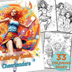 33 Cheerleaders Coloring Pages, Cheerleader Adults Printable Grayscale Coloring Book, Football Cheerleaders Digital Coloring Book Pages
