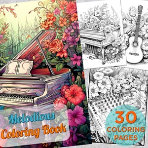 30 Melodious Coloring Pages, Music Printable Grayscale Coloring Book for adults, Melodious Music Instruments Digital Coloring Book Pages
