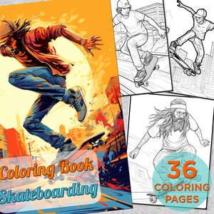 Puede incluir: Un libro para colorear con 36 páginas que presentan ilustraciones de skateboarding. La portada muestra una ilustración colorida de un patinador realizando un truco en un entorno urbano. El texto "Coloring Book Skateboarding" se muestra en la portada.