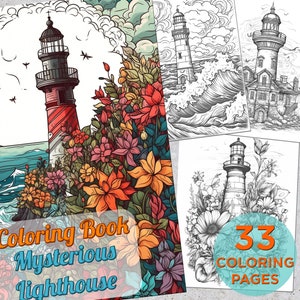 33 Mysterious Lighthouse Coloring Pages, Adults Printable Grayscale Coloring Page, Coloring pages adults, Lighthouse Digital Coloring Book