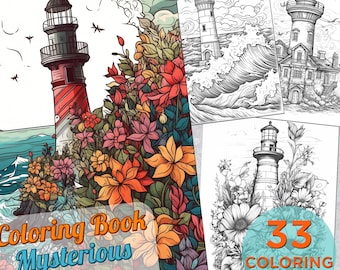 33 pagine da colorare con un faro misterioso, pagina da colorare in scala di grigi stampabile per adulti, pagine da colorare per adulti, libro da colorare digitale con un faro