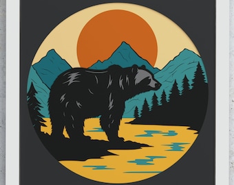 Bear And Mountains Shadow Box, Bear Lightbox SVG Layered design for Cricut Silhouette, Mountain Bear Layered SVG Shadowbox