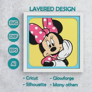 May include: A layered design of Minnie Mouse with a pink polka dot bow and gloves, set against a yellow background within a white frame. The design includes SVG, DXF, EPS, and AI file formats, with text indicating compatibility with Cricut, Glowforge, Silhouette, and other cutting machines.
