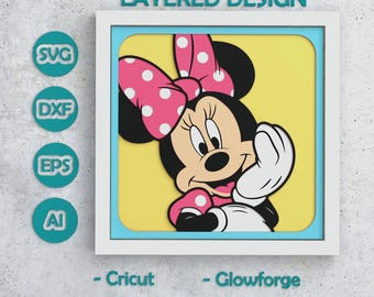 Puede incluir: Un diseño en capas con Minnie Mouse con un lazo y guantes de lunares rosas, sobre un fondo amarillo dentro de un marco blanco. El diseño incluye formatos de archivo SVG, DXF, EPS y AI, con texto que indica compatibilidad con Cricut, Glowforge, Silhouette y otras máquinas.