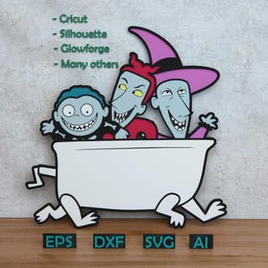 May include: A colorful cartoon image of three characters in a white bathtub with black feet. The characters have blue, red, and purple accents. The image includes the text "- Cricut - Silhouette - Glowforge - Many others" and file type abbreviations.