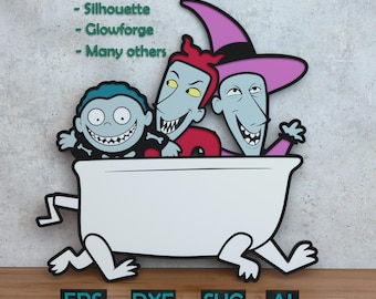 May include: A colorful cartoon image of three characters in a white bathtub with black feet. The characters have blue, red, and purple accents. The image includes the text "- Cricut - Silhouette - Glowforge - Many others" and file type abbreviations.