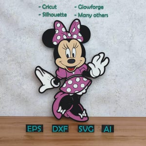 May include: A Minnie Mouse cutout in pink and black with white polka dots. The image includes the text "- Cricut - Glowforge - Silhouette - Many others" and file type labels "EPS", "DXF", "SVG", and "AI".