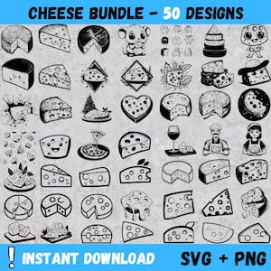May include: A set of 50 black and white illustrations of cheese. The illustrations include various shapes and styles of cheese, including wedges, blocks, rounds, and slices. The illustrations are perfect for use in crafting projects, scrapbooking, or digital design.