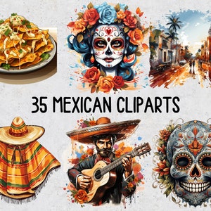 35 Mexicaanse Fiesta PNG cliparts, aquarel Mexicaanse suiker schedel sublimatie, set van transparante PNG Mexico cultuur illustraties voor sublimatie