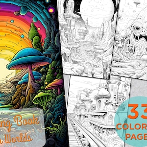 33 Alien Worlds Coloring Pages, Adults Printable Grayscale Coloring Book with Space Travel, PDF Alien Digital Coloring Book Pages for Adults