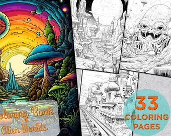 Può includere: Un libro da colorare con 33 pagine che presenta illustrazioni di mondi alieni fantastici. La copertina mostra un paesaggio colorato con funghi, un arcobaleno e un cielo blu.