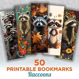 50 Raccoon Printable Bookmarks, Raccoon Digital Download Bookmark Sheets, Raccoon PNG bookmark sublimation, Art Print and Cut Bookmark Set
