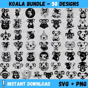 May include: A set of 50 black and white koala bear illustrations. The illustrations feature various poses and designs, including koalas holding objects, koalas with flowers, and koalas with stars. The text "Koala Bundle - 50 Designs" is at the top of the image. The text "Instant Download SVG + PNG" is at the bottom of the image.