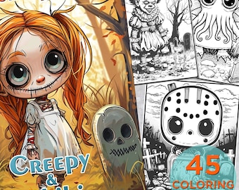 45 Creepy and Chibi Coloring Pages, Adults Horror Printable Grayscale Coloring Book Pages for adults, Cute and Creepy Digital Coloring Book