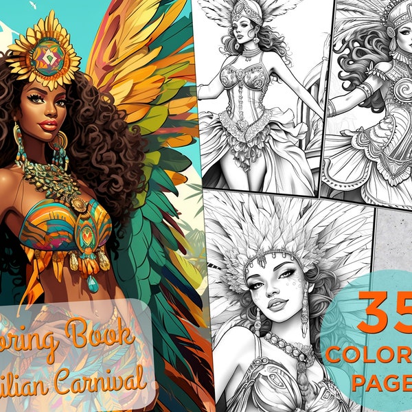 35 Brazilian Carnival Coloring Pages, Adults Printable Coloring Page Festival Fiesta, Caribbean Holiday Carnival Drawings Coloring page book