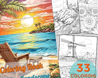 33 Relaxing Landscape Coloring Pages, Printable Nature Coloring pages for adults, Printable Relaxing Landscape Digital Coloring Book Page